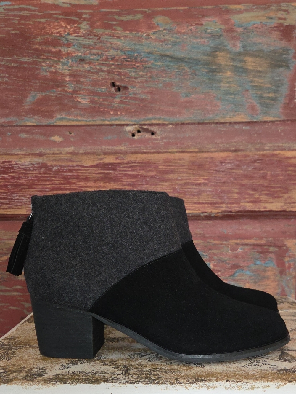 TOMS Lacy Ankle Boot With Block Heel, Black Suade & Dark Gray Wool